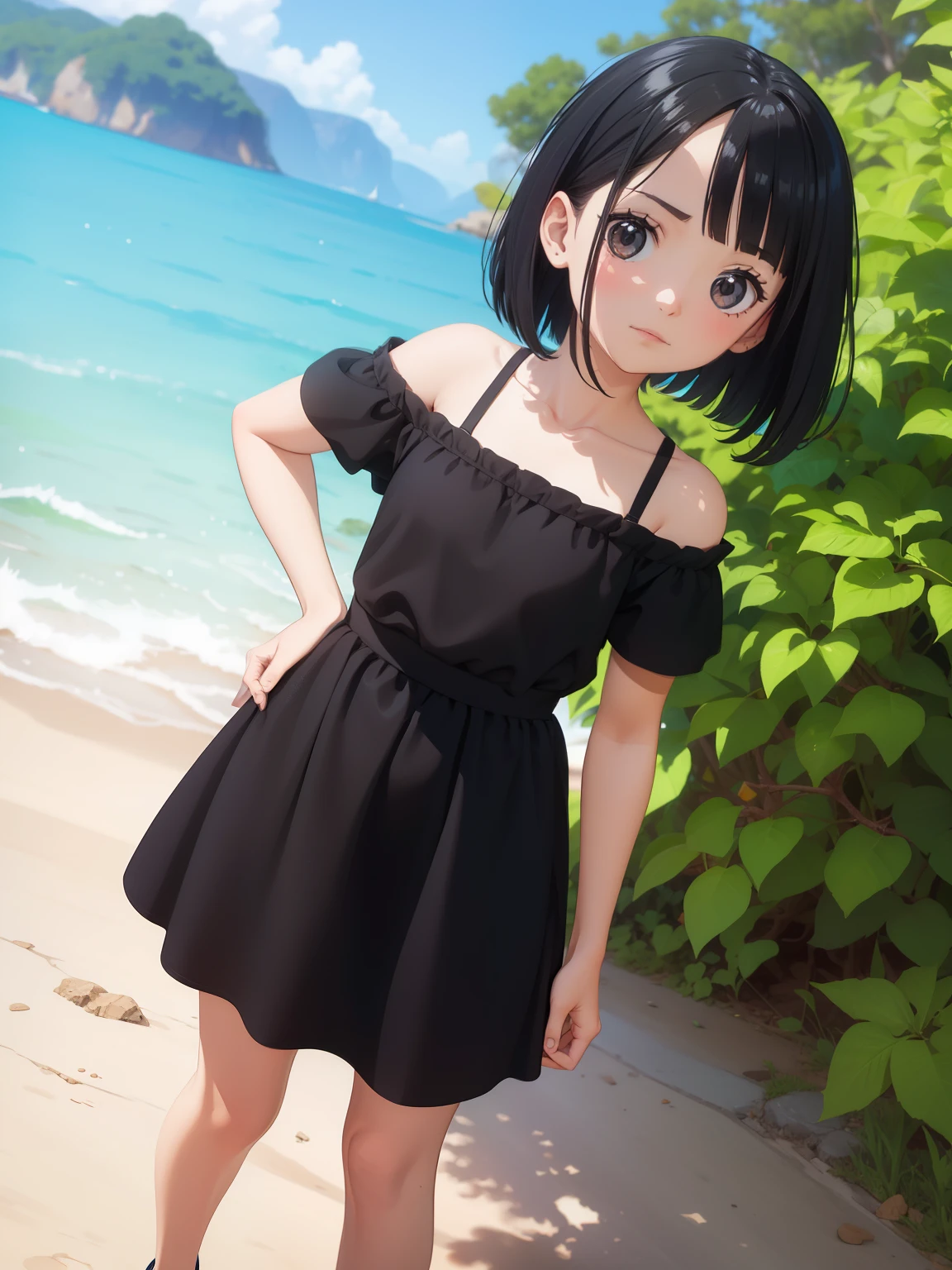 cute girl, ghibli style, childrens book,  Full body shot,(short bob cut), wearing red&black off shoulder casual dress,black camisole,hair off forehead bangs,short eyebrows,short hair,black hair,(solo:1.2)