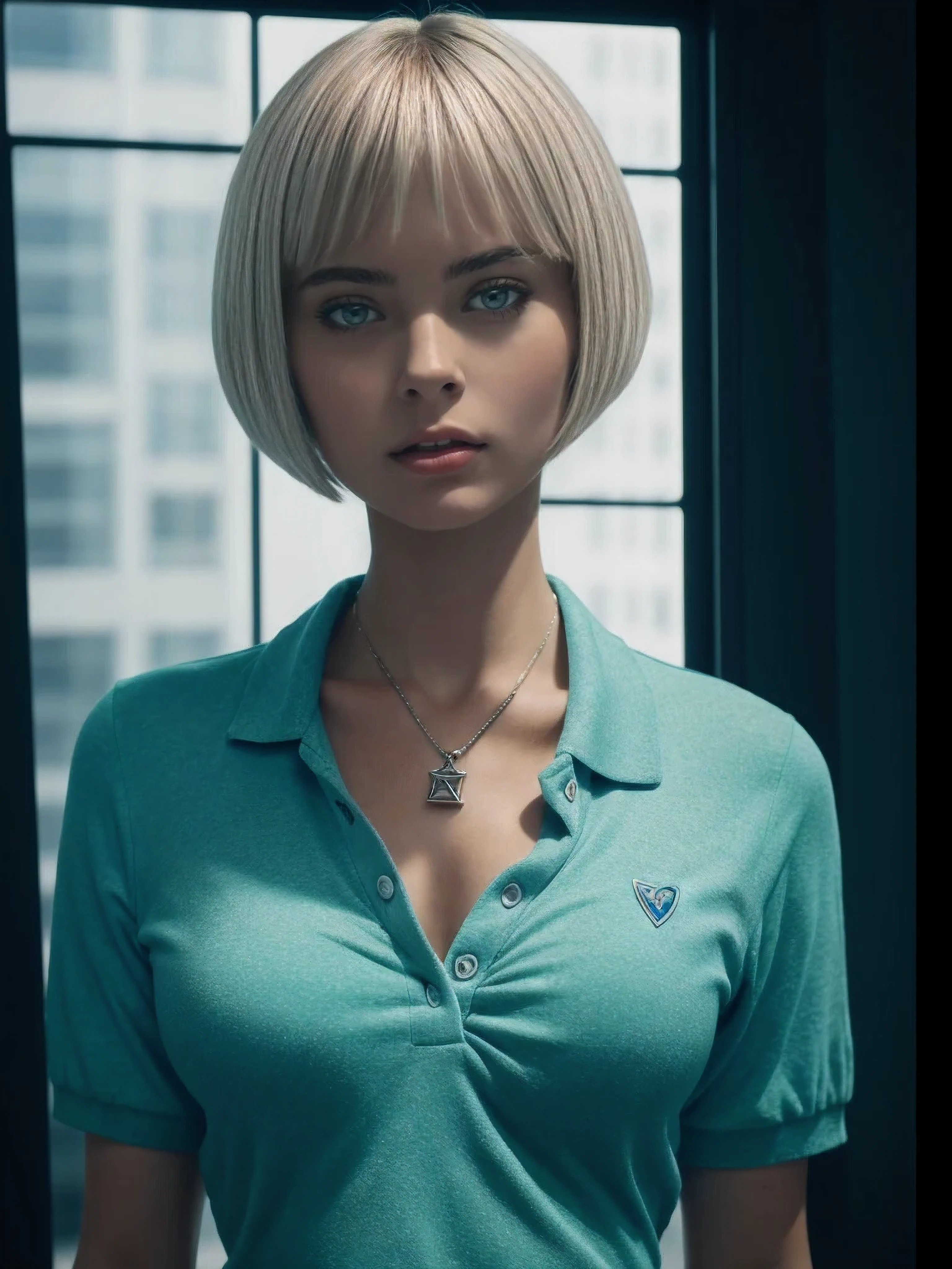 1girl, 19yo, realistic photo of white woman Holding a camera , Perfect figure . white turquoise hair colour , Bob cut short hair. She wearing Anime print tight polo shirt ,  Skinny jeans. Location is studio . Cinematic lighting, Masterpiece,  Highly detailed, realistic skin texture, smooth complexion, natural-looking hair, Colour vivid, Raw photo, Best quality, High res, Award winning photography, Intricate details,  Image fill, Sharp focus, 1080p,8k, Romantic atmosphere,  Art by famous photographer, trending on art station 