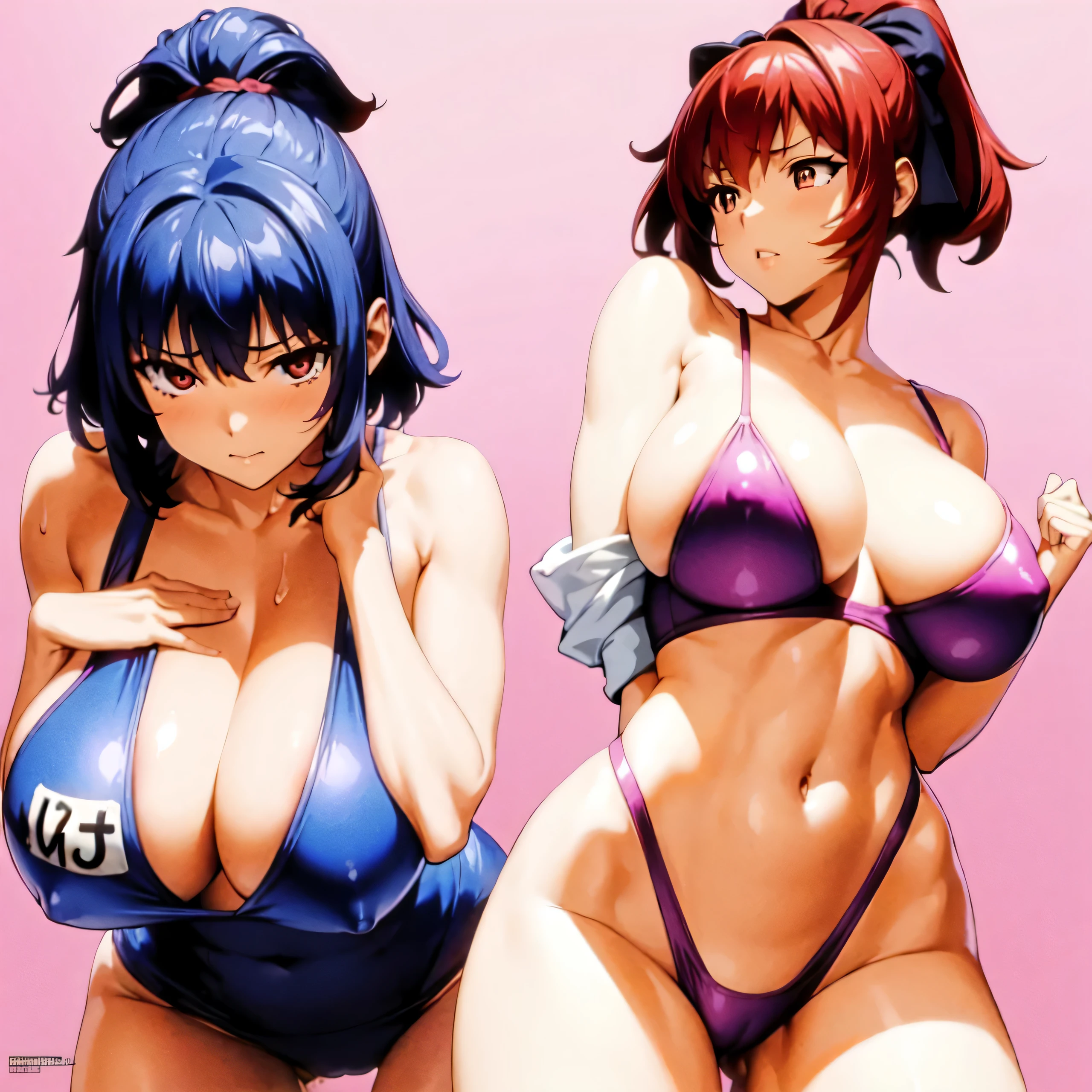 swimsuit, one-piece swimsuit, school swimsuit, old school swimsuit, covered navel, collarbone, blue one-piece swimsuit, name tag, rokujou minori, red hair, blue hair, aki, big tits, detailed eyes, massive breasts, detailed hands, detailed image, massive breasts, two girls, two females, two people, 1 girl with blue hair and 1 with red hair, red hair girl fondling blue hair girls breast, girls are on their knees, girls on their knees, sweat, covered in sweat, covered in cum, covered in cum on her chest, covered in cum face, covered in cum hair