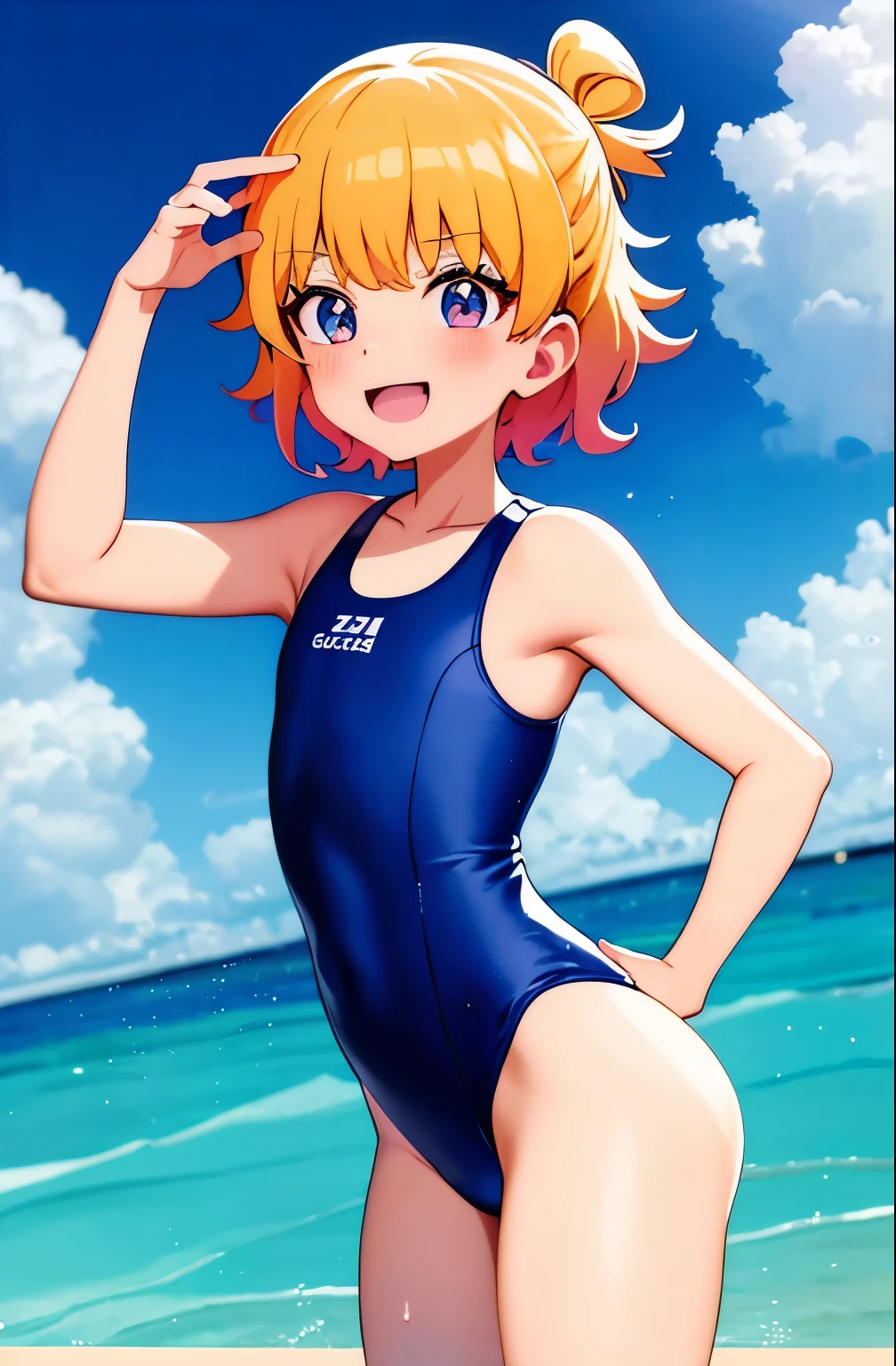 Cartoon image of a man in a swimsuit with a big smile, Short blonde boy, Boy with Golden Eyes, wearing a swimsuit, clothing:High-cut swimwear, wear a swimsuit, Cool anime boy in a navy blue tanksuit, whole body:: sunny weather::, one piece swimsuit, school swimwear, wet swimsuit,  Japan student swimwear, school swimwear, sunny day, High legスクールスイムウェア, High leg, Ecchi anime style, Bare shoulders, bare legs,