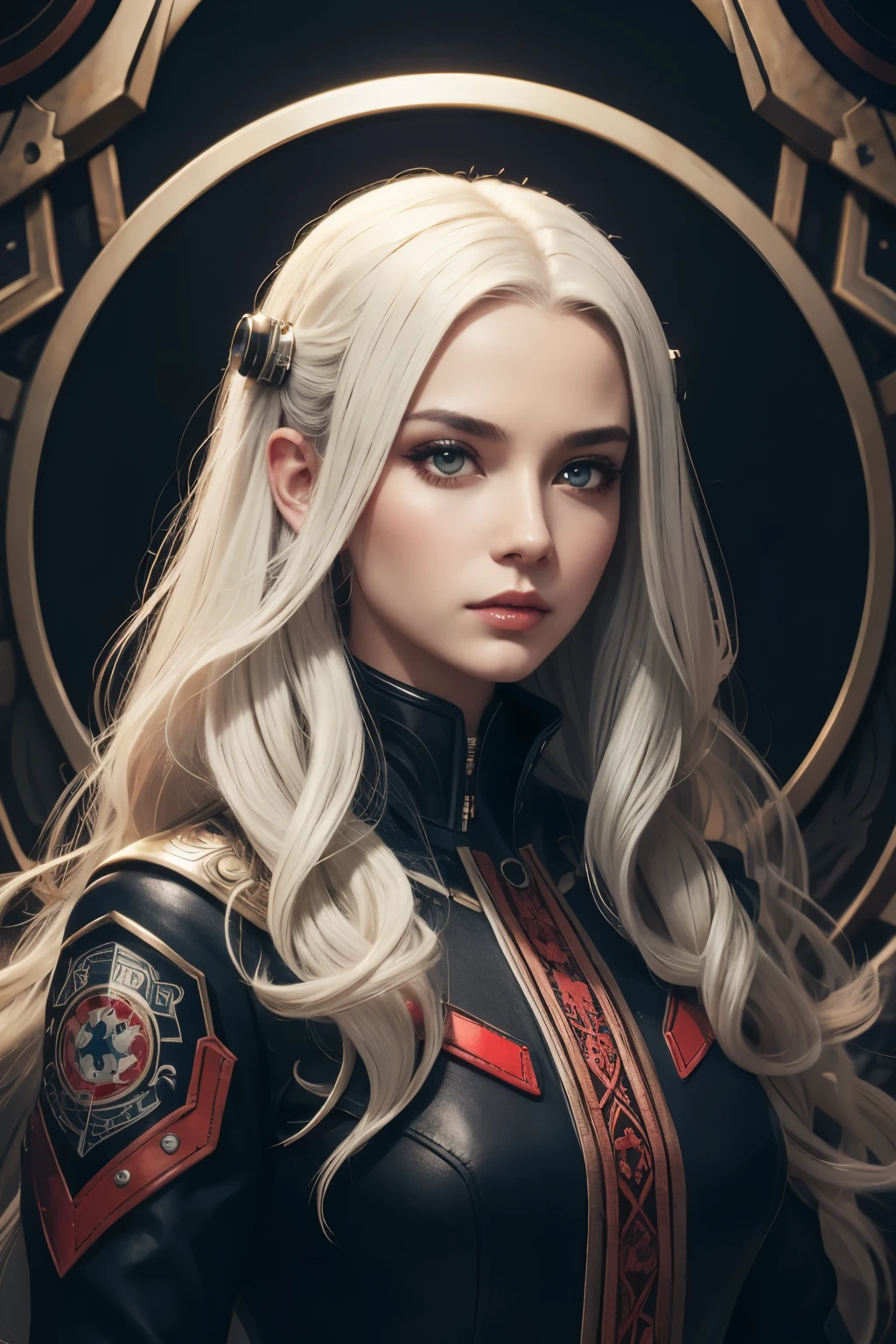 Portrait of a beautiful girl with wavy white hair, wearing a formal black dress with metal parts, red eyes, monograms in the background, digital painting, dark colors, 8k, complex details, vintage, retro futuristic style, sharp focus on the center, pastel colors, art station, (sci-fi, future, future theme), (facial expression looking with disdain), (detailed illustration)