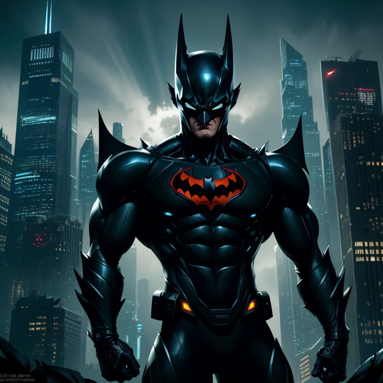 Ultra-detailed wide-angle shot, Goku donning Batman Beyond suit, hero in a new dimension, anime crossover of a powerhouse duo, 1.6 masterpiece, best quality,

Goku's muscular body clad in the advanced armor of Batman Beyond, sleek design blending Saiyan strength and futuristic tech,
(suit: 1.2), shining metallic sheen, detailed emblem,

Gotham cityscape looming in the background, Bat-symbol etched on the sleek building facades, dark and brooding,
Low-light masterpiece, 1.6, intricate details,

