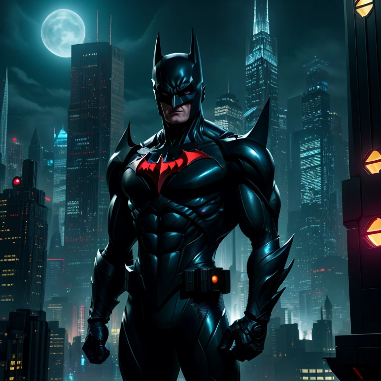 Ultra-detailed wide-angle shot, Goku donning Batman Beyond suit, hero in a new dimension, anime crossover of a powerhouse duo, 1.6 masterpiece, best quality,
Goku's muscular body clad in the advanced armor of Batman Beyond, sleek design blending Saiyan strength and futuristic tech,
(suit: 1.2), shining metallic sheen, detailed emblem,
Gotham cityscape looming in the background, Bat-symbol etched on the sleek building facades, dark and brooding,
Low-light masterpiece, 1.6, intricate details,