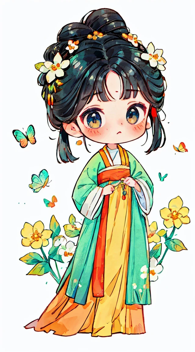 1 sister, alone, looking at the audience, Blushed, background with, black hair color hair, hair accessories, long sleeves, White background, eternal, Full body female love, Five-headed figure，flowers bloom, hair flower, red，bun, Butterfly, masterpiece, recent quality, best details, clear facial features, beautiful eyes