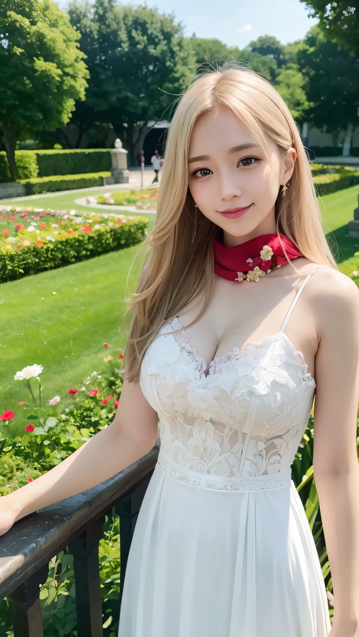 Vista, panorama, perspective, Depth of bounds written, bust, Upper body, cinematic angle, masterpiece, highest quality, Super detailed, cg, 8k wallpaper, beautiful face, delicate eyes, maiden, alone, smile, silver hair, golden eyes, Fair skin, hair, red scarf, white evening dress, rose畑, Red flower, rose, flower garden, petal, Flying petal, smile