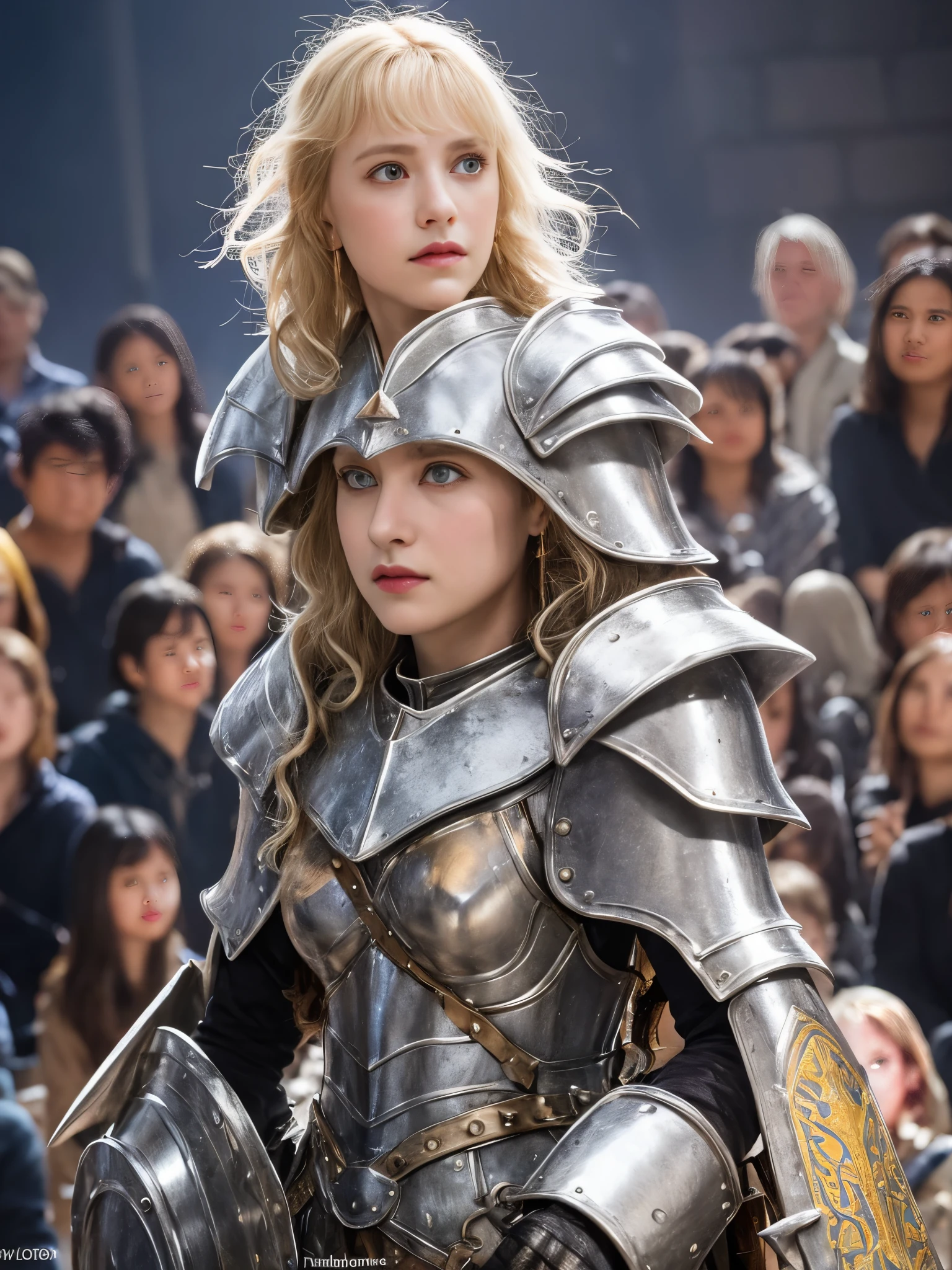 1 girl, Middle Earth Paladin ,Wearing armor ,Magic sword and powerful shield, Detail armor, Rusty armor, chain armor, Queen's Crown, Fight goblins to protect innocent villagers, witch, short, thin, square face, olive skin, platinum blonde, golden eyes, short Nose, thin Lips, round chin, Shoulder length hair, curls, blunt bangs, soft breasts, hug earrings, lavender satin lipstick, volcanic wasteland, River of fire flows into molten sea, (close up:1), (look at the audience),8k, (best quality:1.2), (masterpiece:1.37), (photo, photorealistic:1.37), (ultra high resolution), photographed by Canan EOS R6, 135mm, 1/1/2.8, ISO 400
