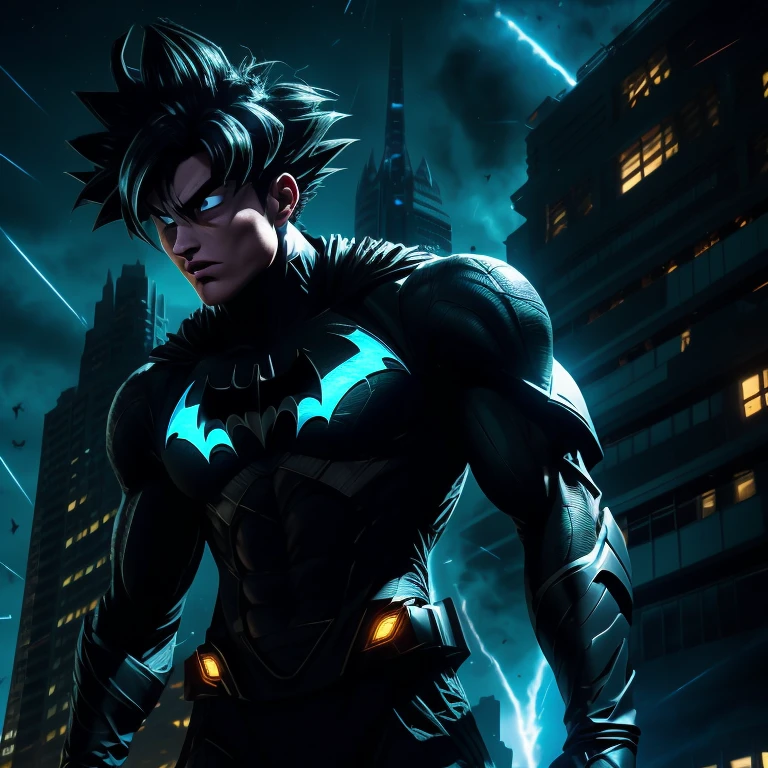 Ultra-detailed wide-angle shot, Goku donning Batman Beyond suit, hero in a new dimension, anime crossover of a powerhouse duo, 1.6 masterpiece, best quality,
Goku's muscular body clad in the advanced armor of Batman Beyond, sleek design blending Saiyan strength and futuristic tech,
(suit: 1.2), shining metallic sheen, detailed emblem,
Gotham cityscape looming in the background, Bat-symbol etched on the sleek building facades, dark and brooding,
Low-light masterpiece, 1.6, intricate details,