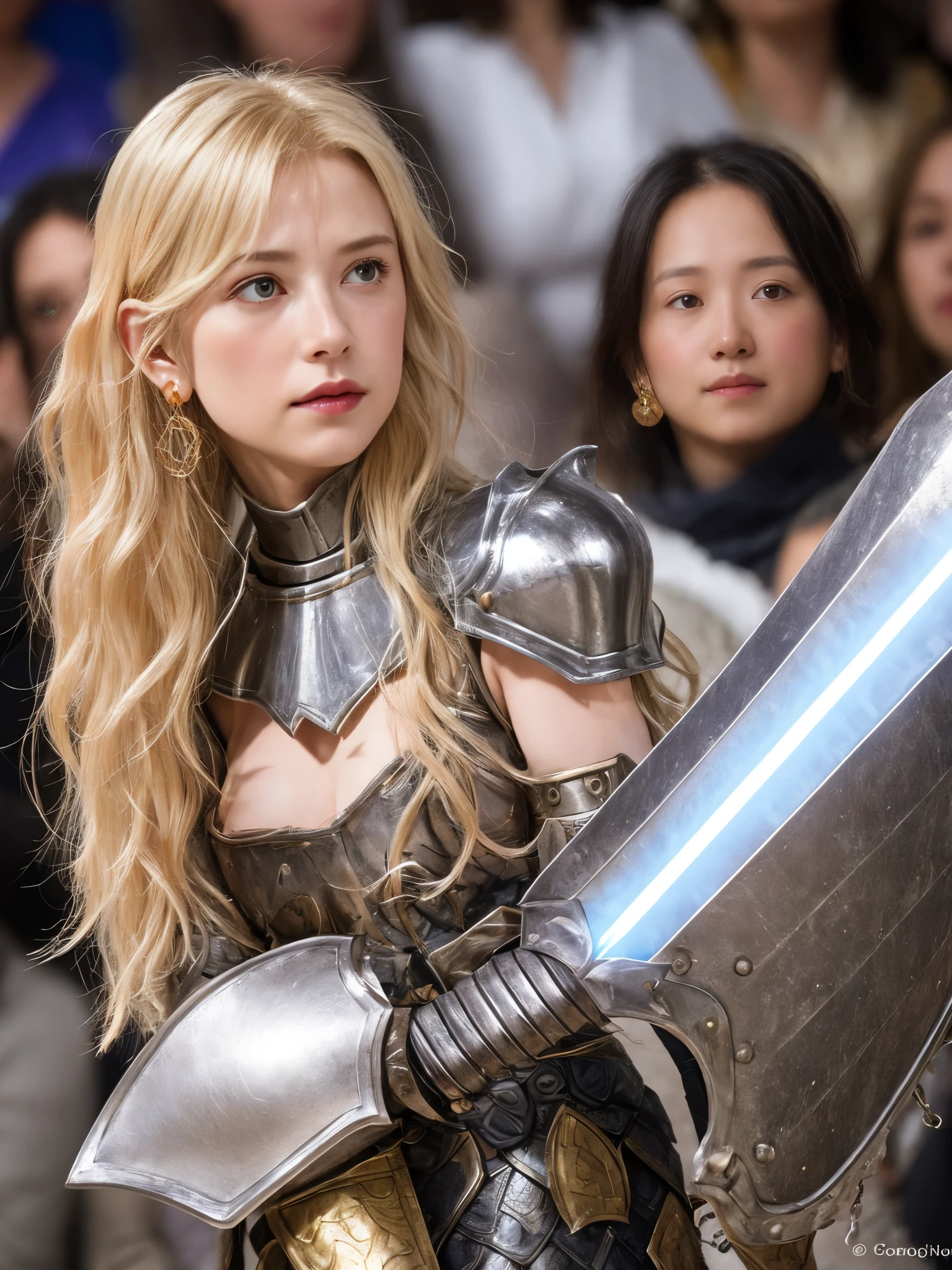 1 girl, Middle Earth Paladin ,Wearing armor ,Magic sword and powerful shield, Detail armor, Rusty armor, chain armor, Queen's Crown, Fight goblins to protect innocent villagers, witch, short, thin, square face, olive skin, platinum blonde, golden eyes, short Nose, thin Lips, round chin, Shoulder length hair, curls, blunt bangs, soft breasts, hug earrings, lavender satin lipstick, volcanic wasteland, River of fire flows into molten sea, (close up:1), (look at the audience),8k, (best quality:1.2), (masterpiece:1.37), (photo, photorealistic:1.37), (ultra high resolution), photographed by Canan EOS R6, 135mm, 1/1/2.8, ISO 400