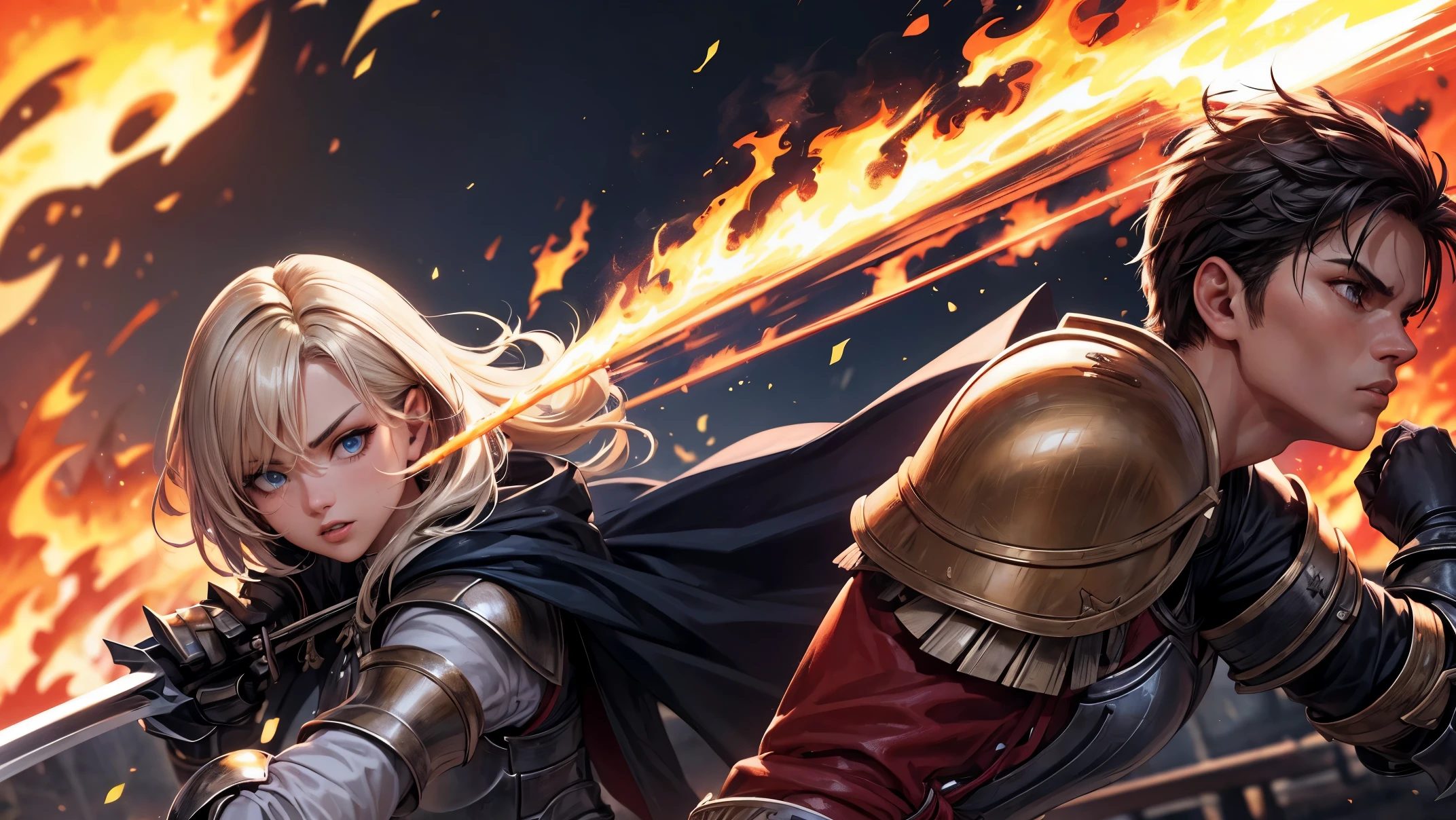 masterpiece,8k,best quality,ultra detailed,ultra highres,(((1 short haired Male paradin))), (((1 long haired Female knight))),(swinging a fire sword),(rage:0.6),(((upper body shot))),blonde hair, blue eye, straight hair,(fire:1.1),(((Burning-Edge:1.4))),(sunrise),(((arena))), (Shimmering Nightscapes), (full lips:1.2),(Radiant Flares:1.2), (((run:1.2))), (((speed lines:1.2))), (((duel:1.2))), (((gladiator))