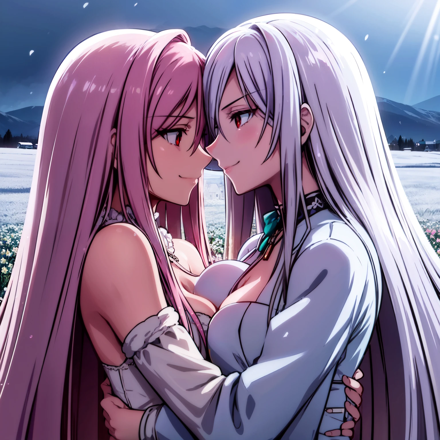 ((two Girl)), 32 years old, The girl on the left has long silver hair and red eyes with slit pupils, The girl on the left wear a Wedding Dresses, The girl on the right has long pink hair and bright green eyes with slit pupils, The girl on the left wear a Wedding Dresses, facing another, hugging each other, deep kiss, The two girls looked each other in the eyes, cropped torso upper body, (light_Smile:1.5), ((Meadow with a view of a small church)), ((snowstorm of flowers)), light ray, The sky is beautiful,