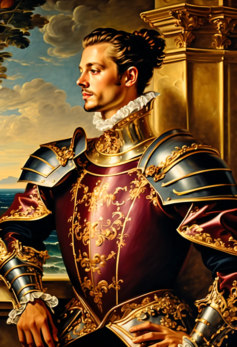 main subject of elegant aristocratic graffiti depicted in oil painting knight, adorned in a luxurious baroque dress armor, meticulously detailed drawing, exuding opulence extravagance, elegant smile gracing face, gazes downwards sea, an air of mystery and contemplation to persona, shaggy bangs and short ponytail complement, refined appearance house, profile graffiti art, clothed in tones of gold and dark burgundy, exuding a sense of royalty and sophistication. high-quality image captures, essence of aristocratic elegance and invites to immerse themselves in the richness, surroundings beauty,