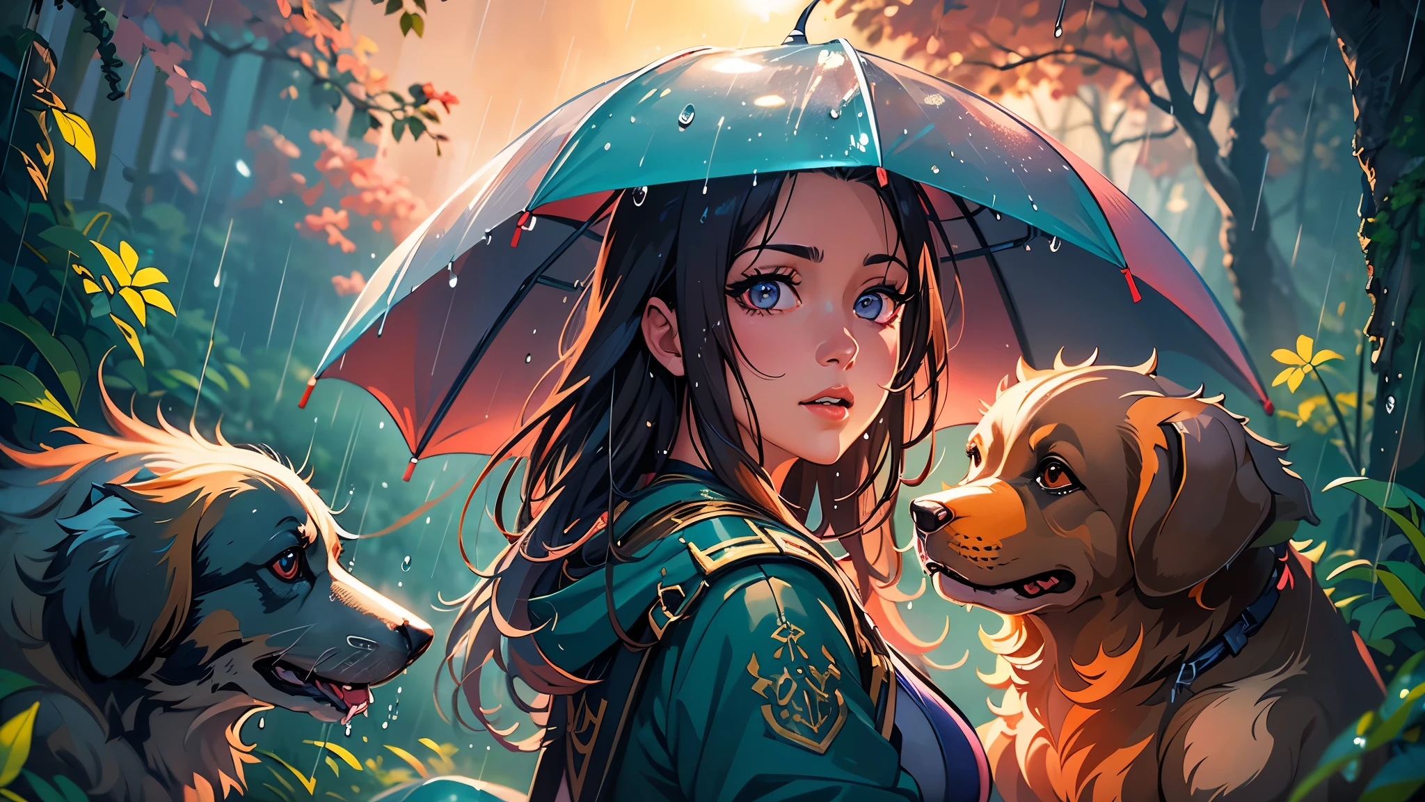 full body portrait of a photo realistic beautiful girl, 1 girl and 1 cute dog, facing forward, waifu, flowing hair, short modern rain protection clothing holding an umbrella, big beautiful flirtateous open eyes, standing straight, cinematic lighting, relaxing raining weather environment in a vibrant forest with a view of the dark sky, highly detailed, digital painting, trending on artstation, pixiv, concept art, sharp focus, illustration, art by ross tran and wlop, Glowing eyes, Best quality, good lighting, large breasts with cleavage, seductive face, Masterpiece, highres,sharp focus,(ultra detailed,extremely detailed),(photorealistic artwork:1.37),(extremely detailed CG unity 8k wallpaper),(((vibrant colors,vibrant theme))),(intricate),(masterpiece),(best quality), girl is playing with a cute small dog under the umbrella