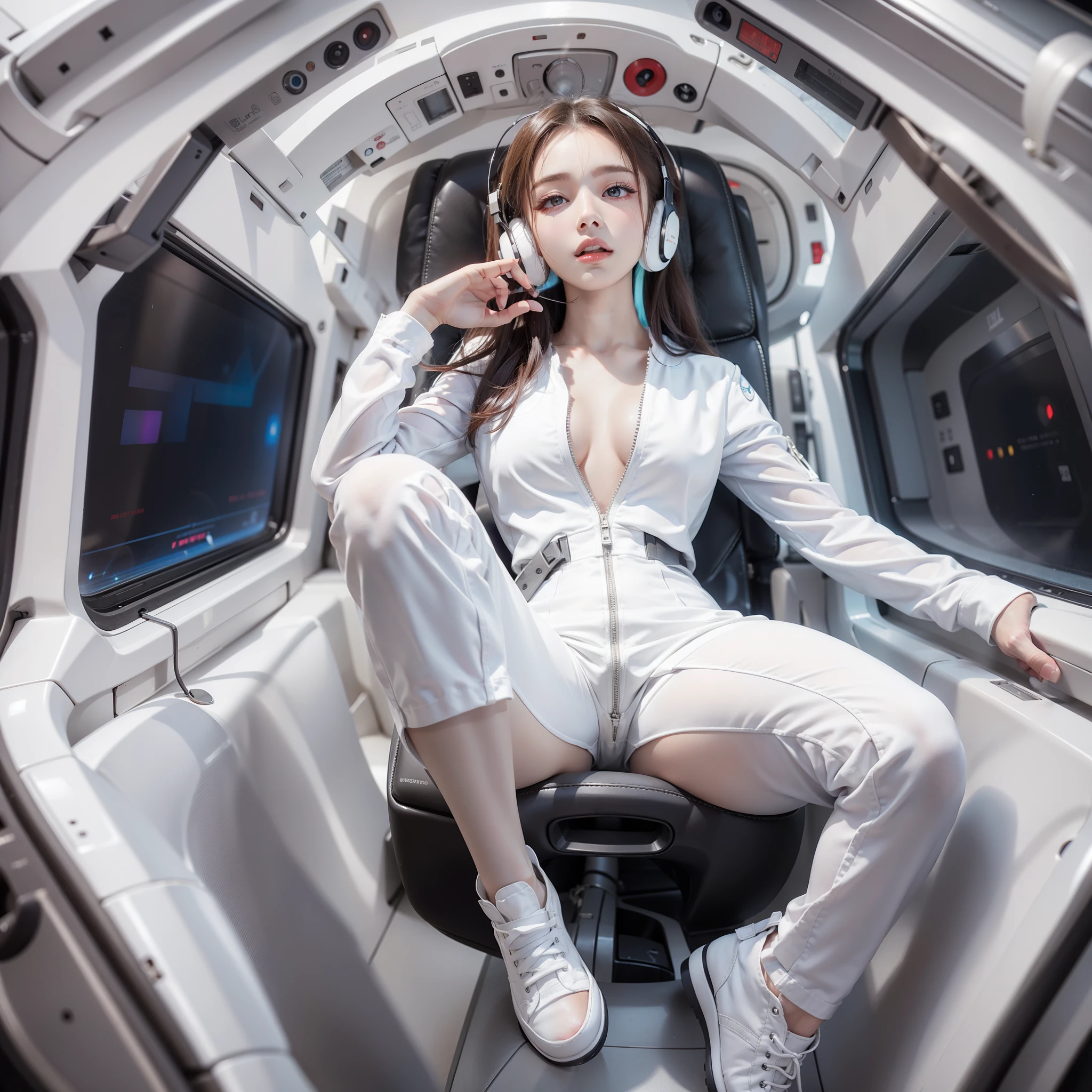 Seductive woman　perfect beauty　Very white skin　beautiful eyes　glossy lips　sit on seat，Legs up　Wearing a thin jumpsuit　Feature　earphone　inside spacecraft