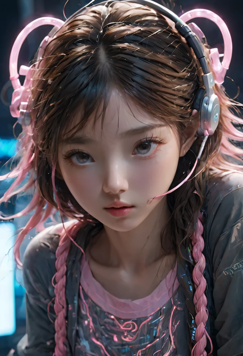 Masterpiece, 1 beautiful girl, exquisite eyes, swollen eyes, top quality, 超high resolution, (Reality: 1.4), Light, Japanese, An Asian beauty, very very beautiful, charming、beautiful skin, The slender one, lean over, (超Reality的), (high resolution), (8k), (Very detailed), ( Best Illustration), (美丽exquisite eyes), (super detailed), Detailed faces, 明亮的Light, professional Lighting、In the background is a cyberpunk room,There are many monitors...........、The rope is fixed from the clothes、Long hair color pink、Wear headphones on your head、small tattoo on face、north african trade zone、Gaze at the viewer