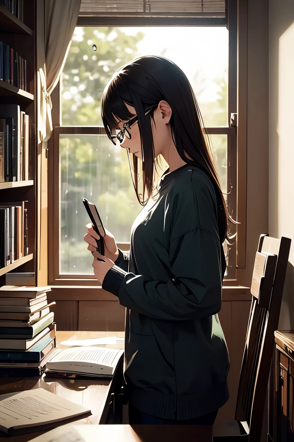 Masterpiece, top quality, 16K UHD,
young woman, studious, working, rainy day,
well-organized room, clutter-free, books, notebooks, pens, desk,
listening to music, headphones on, Losing herself in the melody,
window, rain drops falling, rainy afternoon,
forest green trees outside, gray-toned sky, rain clouds,
raindrops hitting the window pane, gentle sound,
creating a calm, soothing atmosphere,
cozy, comfortable, reading glasses on,
focused expression, engrossed in her studies --auto --s2

or

Masterpiece