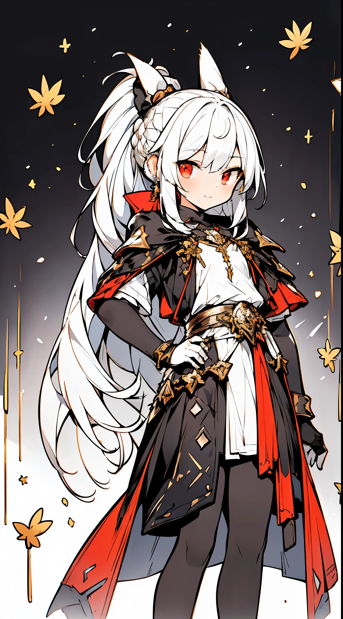 female,The skin is pitifully white,white fox ears,Hair,gold earrings,snow mountain,gem jewelry,Tips are highlighted in white, Red deciduous leaves,Mo fantasy,market,fantasy world,Dark inside the background,clean design,Epic Instagram,art station,Colorful paint splashes,contour,Hyper-detailed intricate details,Unreal Engine,fantasy,intricate details,Launch image,complementary colors,fantasy concept art,8K resolution,deviantart's masterpiece,painting,Blow,paint drops,black flag,(isolated on black background:1.3),rainbow skin,(((A handsome young man))), ((ager:1.5)), (glowing red eyes), ((Eyes have light)),((((White ponytail:1.1))), ((Conservative white casual wear,Gold pattern)), (Smile)\\(a happy expression\\),, (((Wears a shabby black robe,high detail,Lots of fluff))),(brown gauntlets),《brown pantyhose》,Low white ponytail, She has brown hair,Braided,White shiny bangs,Brown comb,shiny hair,puff,(chest muscles) - At 6 o'clock