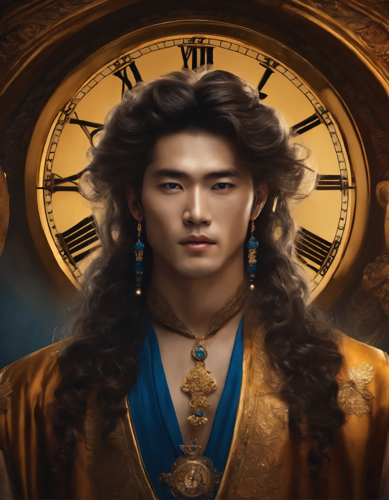 very beautiful chinese man，With long golden curly hair，Pretty blue eyed jewelry clock piercing full body shot