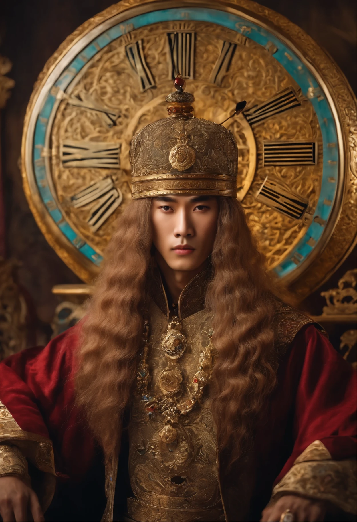 very beautiful chinese man,With long golden curly hair,Pretty blue eyed jewelry clock piercing full body shot
