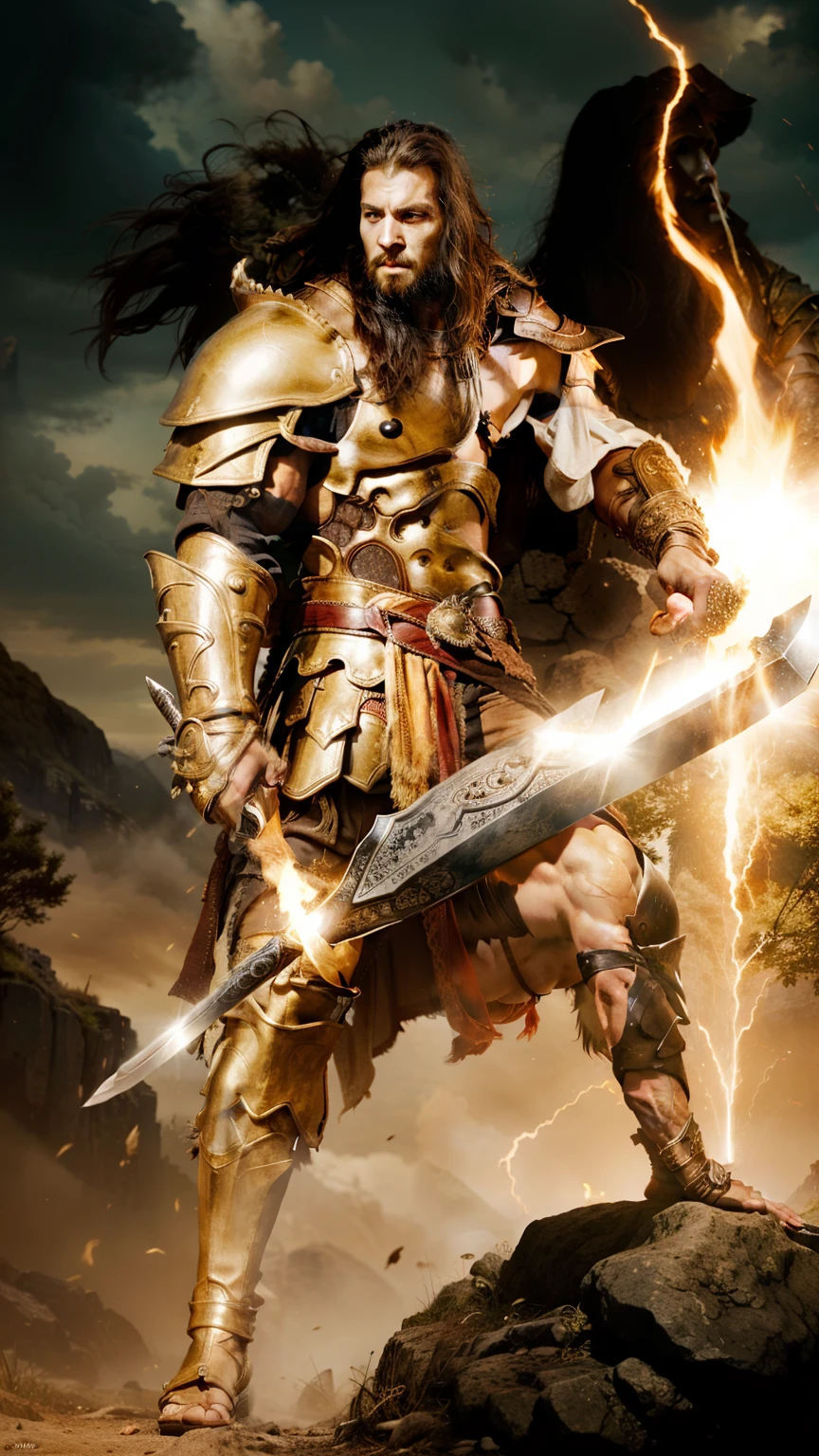 there is a man holding a sword and a woman standing on a hill, Gilgamesh, Conan, Epic Anime Art, Kratos, um enorme deus gigante celestial, barbarian, poderoso guerreiro, ares com armadura pesada e espada, pintura de golias, ele homem!!!!!, ele homem!!!!!, epic graphic novel wallpaper, de arte