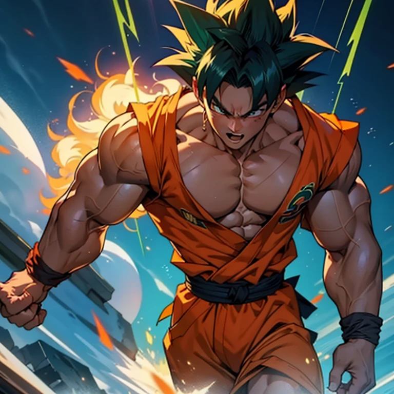 An Unconventional Depiction of Goku in a Green Arrow Suit, with Exaggerated Feminine Features (Best Quality, 4k, 8K, high resolution, Masterpiece: 1.2)
Goku, the renowned Saiyan warrior, dons an unexpected outfit – a green arrow suit. His muscular build is accentuated by the form-fitting attire, but what follows are features that diverge from the character's traditional masculine physique. Goku's chest bursts with an abundant amount of flesh, protruding as large, luscious breasts. Similarly, his bottom half exhibits an expansive derriere, adding to the