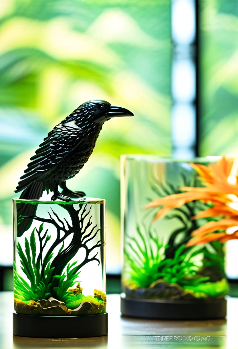 the sleek, obsidian-like glass crow perches on the edge of fish tank aquarium within a mesmerizing diorama.  form is meticulously crafted, each feather distinct and etched with precision, showcasing an impeccable attention to detail, ebony plumage reflects the surrounding light, giving an illusion of depth and movement, diorama itself portrays serene and picturesque waterfall, complete with meandering river and lush river-side scenery, fish within the tank appear lifelike, scales shimmering with vibrant colors, as swim gracefully through the crystalline water, stunning image, captured in a photograph, testament to the artistry and craftsmanship involved, evoking sense of wonder and fascination.