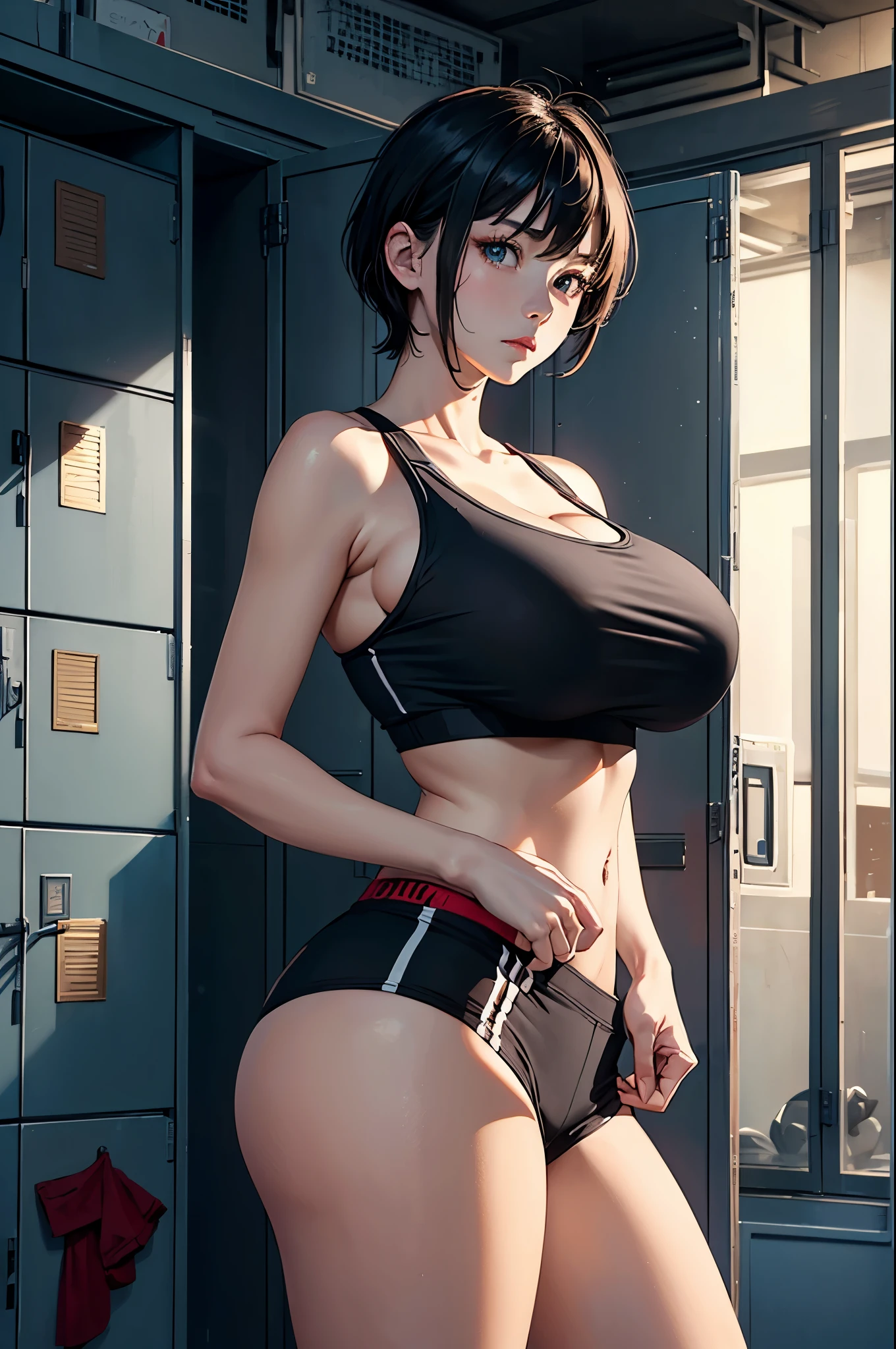 (masterpiece:1.4)、(highest quality:1.4)、ultra high resolution、beautiful features、20 year old woman、black very short hair、Sports Bra、sportswear、(huge breasts:1.5)、red face、serious expression、locker room
