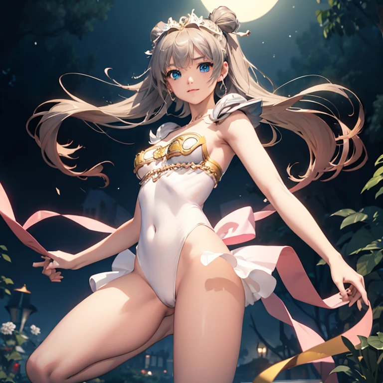 (masterpiece)、(highest quality)、 Super detailed、fine、Magical girl、beautiful girl、transformation heroine、beautiful、18-year-old、Estrus、D cup、well-shaped breasts、beautiful breasts、solo、full moon、slave collar、raise right leg high、ballet、shackles、fetters、Magical girl衣装、whole body、standing posture、White leotard、Thin leotard、Sheer leotard、Racy leotards、high leg leotard、See-through、nipple erection、Transparent nipples、silver hair、Platinum Hair、beautifulsilver hair、Ally of justice、Rin々Shii Pose、Right half exposed、ribbon on right nipple、Holy sword in right hand、Magical light on the left hand、dark night、shining tiara、smile、halo、Pose that emphasizes the chest