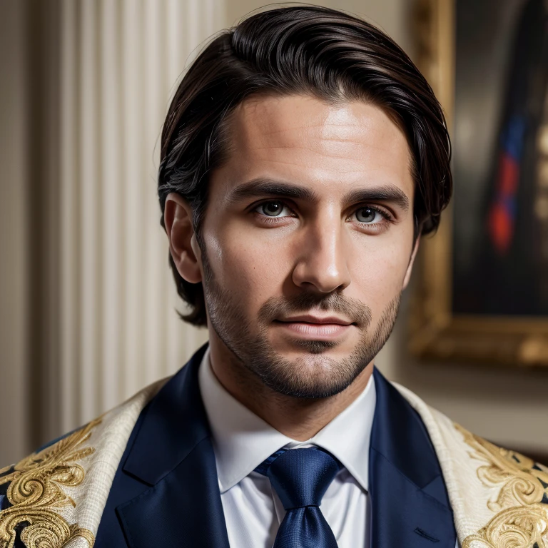 (best quality,ultra-detailed,realistic:1.37),portrait,politician,young president,Argentinian president,34-year-old president,[white skin],[brown hair],formal attire,shirt and tie,[dark blue suit],presidential sash,best quality photograph,vivid colors,professional lighting,serious expression,official portrait