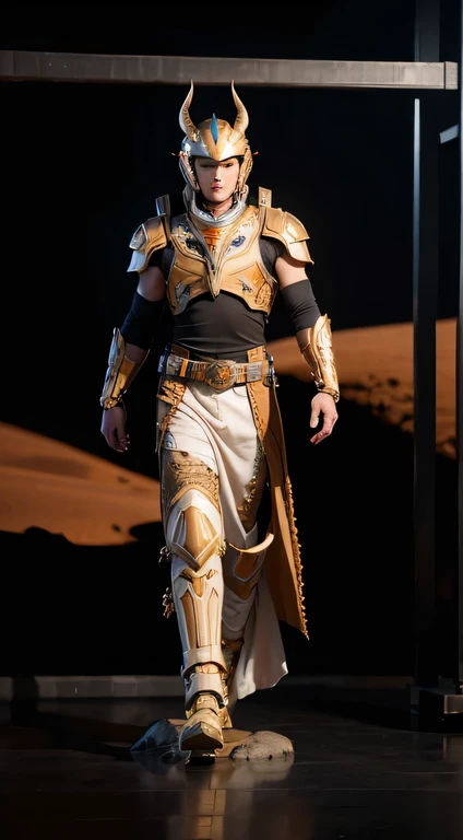 The background is Mars,There is flying sand and rocks.,Helmet and Dragon's mechanical speaker