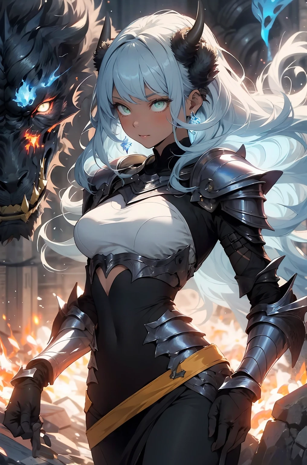 1girl,solo,long hair,white hair color,Jet-black eyes color,lip,super huge breasts,expressionless,Jet-black armor,breasts restrained by armor,fall into darkness,darkness knight,dark sword,burst into flames,dark flame,blue flame,looking at viewer,intent to murder,a contemptuous glance,night,village that was burned to the ground