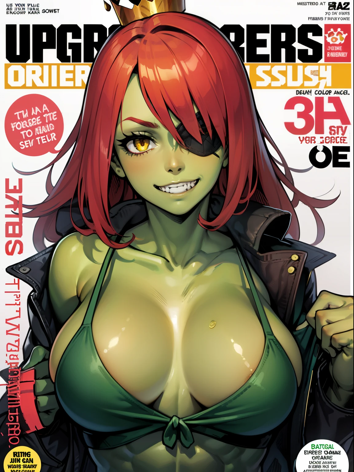 1girl,solo,yellow eyes,red hair,long hair, orc,orc girl,colored skin,green skin,large breasts,(crown) ,jacket,tank top,eyepatch,muscular female, grin, upper body,looking at viewer,magazine cover,