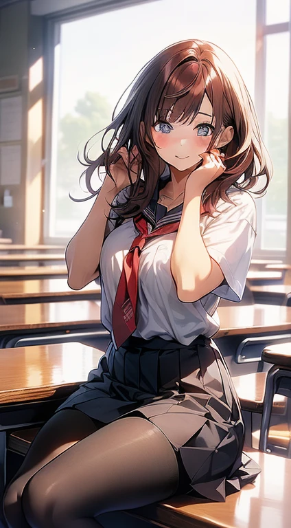 1 Beautiful anime girl，Long auburn hair, are blue eyes, , With school skirt, Showing underwear, This is the clothes of Japanese high school students, Anime novel style image, black underwear, with red, Female students sitting at tables，, her face flushed, ashamed, wearing pantyhose, ((Anime novel style image)), ((whole body)), ((If there is underwear, there will be samples))