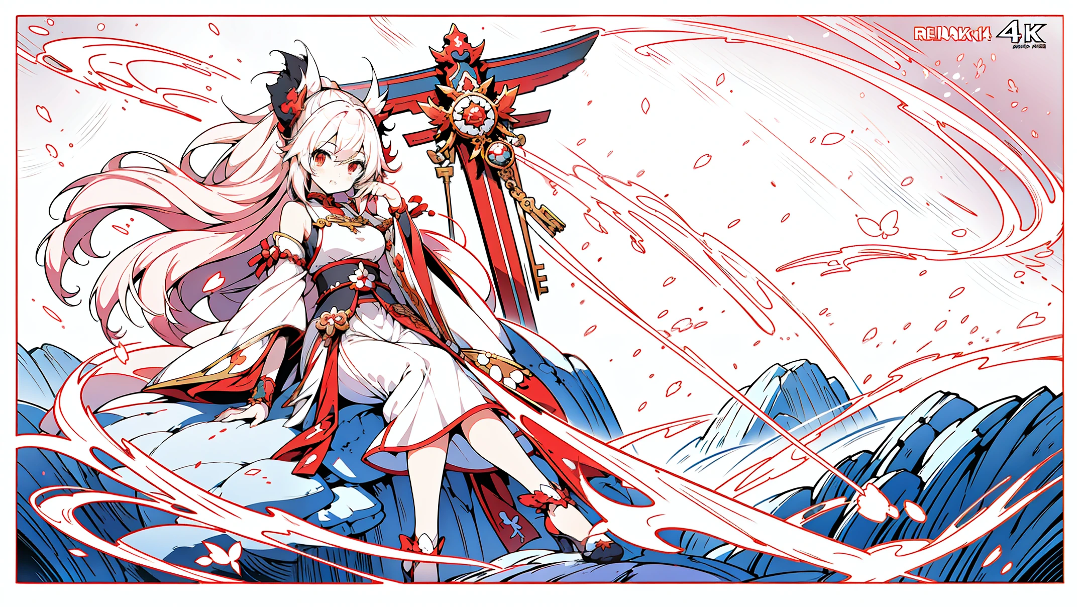 Long-haired red and white-haired anime girl sitting on the rock, Detailed digital animation art, Best Anime 4K Konachan Wallpapers, Anime Fantasy Illustration, anime style 4k, anime art wallpaper 4k, anime art wallpaper 4k, Onmyoji Detailed Art, Detailed key animation art, Onmyoji portrait, Highly detailed official artwork, Detailed anime art