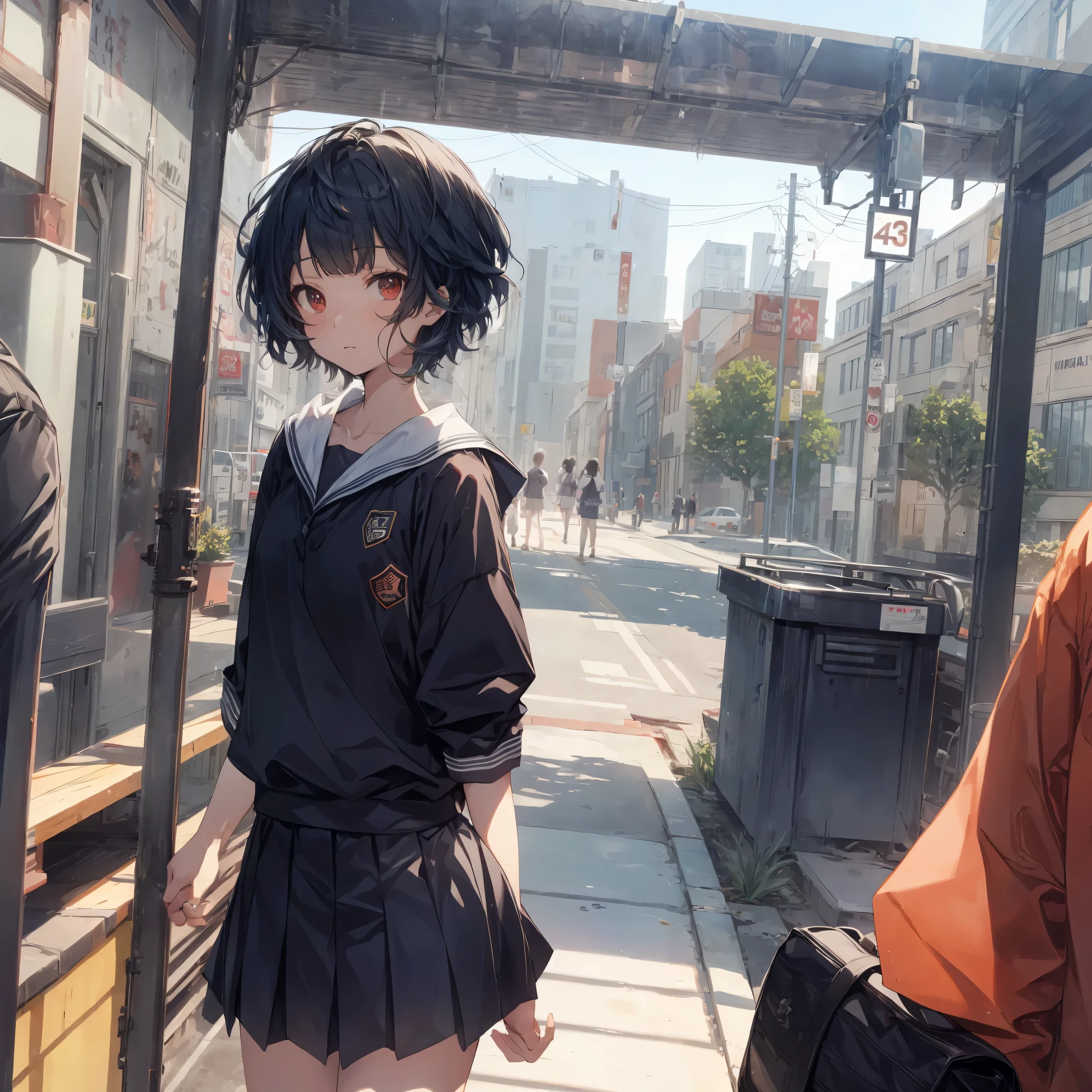Super high quality by the art god, super detailed, High resolution, Ilya Kubshinov style, anime moe art style, best anime 8K konachan wallpaper, pixiv contest winner, perfect anatomy, break,(眠そうにalone学校へ行く女の子を描いてください. ),break, surreal high school girl, (alone,change, child,13 years old:1.3),All limbs, full finger,Middle school students, androgynous charm, (((super short silver hair:1.2))), blunt short bangs, bowl cut hair, flat chest, Because I&#39;m slender, small ass, between legs, Small red eyes,beautiful and fine eyes, Well-proportioned iris and pupils, Expressionless, High resolutionの詳細な髪, school uniform, (skirt), On the way to school. break,super dense skin, Best lighting by famous artists, 8K, figure,