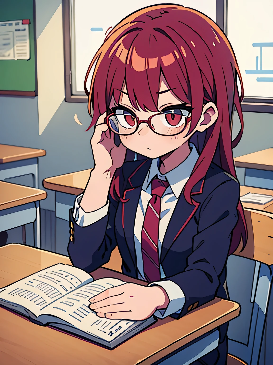 classroom、Glasses、redhead、suit、look down、despise