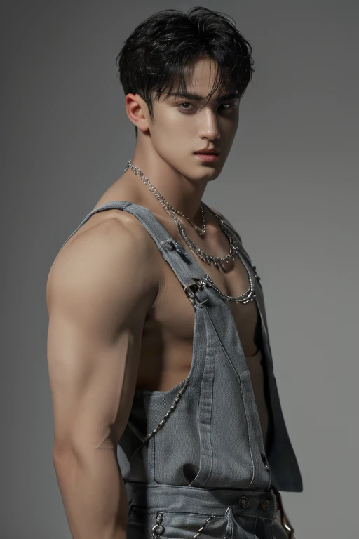 mingyu, face, upper body, topless , chain, muscular, gray studio, gray background (absurdres, highres, ultra detailed),((masterpiece)), ((best quality:1.1)), High Resolution, 8k,1boy, best quality, masterpiece, (photorealistic:1.4), 4k, high quality, masterpiece, best quality, highres, dynamic poses, realistic, mature male, looking at viewer, OverallDetail , biceps, necklace, chains  , 6k resolution , ultra-high clarity , hyperrealism, uhd