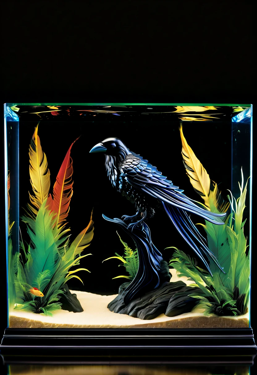 the sleek, obsidian-like glass crow perches on the edge of fish tank aquarium within a mesmerizing diorama. form is meticulously crafted, each feather distinct and etched with precision, showcasing an impeccable attention to detail, ebony plumage reflects the surrounding light, giving an illusion of depth and movement, diorama itself portrays serene and picturesque waterfall, complete with meandering river and lush river-side scenery, fish within the tank appear lifelike, scales shimmering with vibrant colors, as swim gracefully through the crystalline water, stunning image, captured in a photograph, testament to the artistry and craftsmanship involved, evoking sense of wonder and fascination.