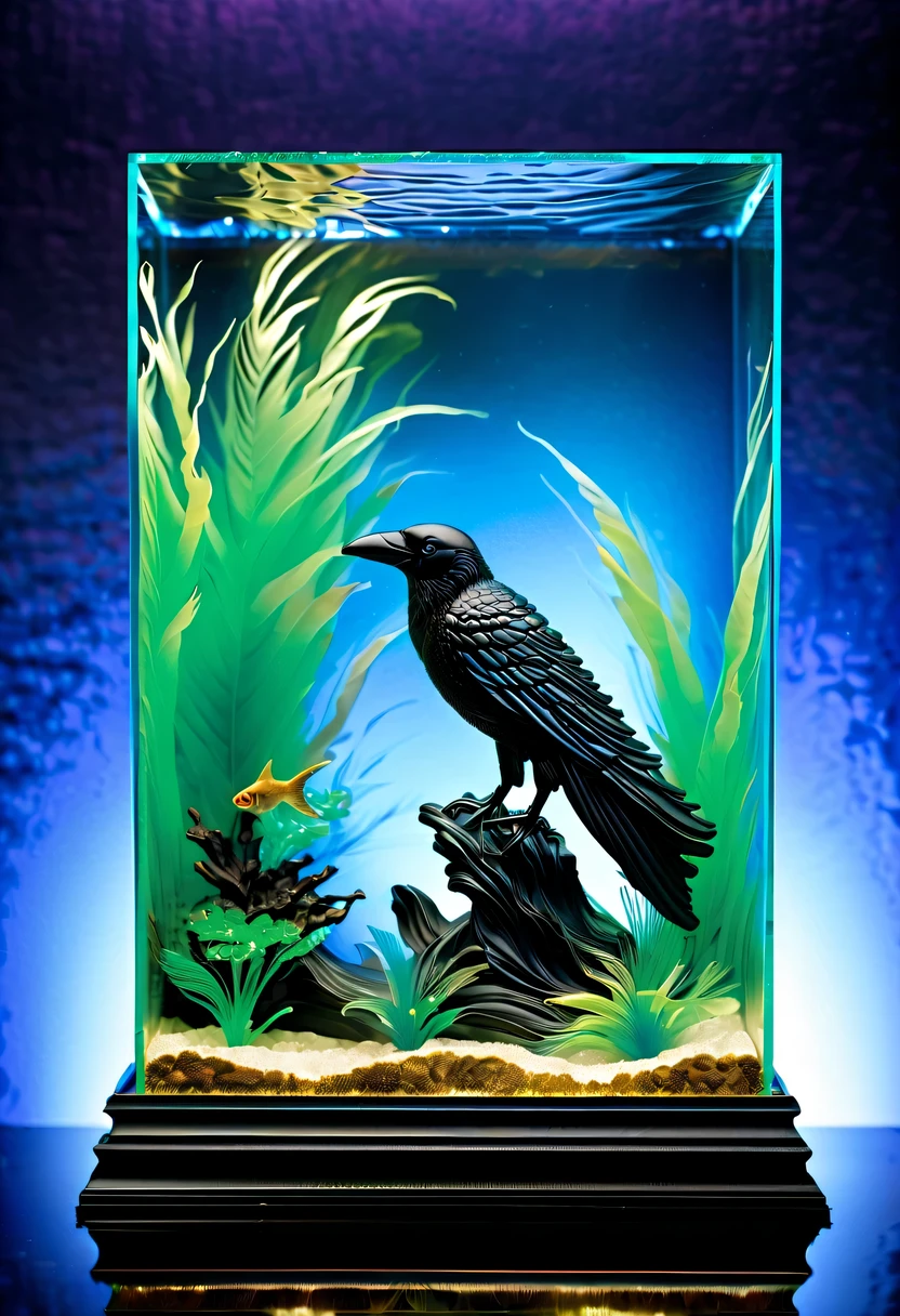 the sleek, obsidian-like glass crow perches on the edge of fish tank aquarium within a mesmerizing diorama.  form is meticulously crafted, each feather distinct and etched with precision, showcasing an impeccable attention to detail, ebony plumage reflects the surrounding light, giving an illusion of depth and movement, diorama itself portrays serene and picturesque waterfall, complete with meandering river and lush river-side scenery, fish within the tank appear lifelike, scales shimmering with vibrant colors, as swim gracefully through the crystalline water, stunning image, captured in a photograph, testament to the artistry and craftsmanship involved, evoking sense of wonder and fascination.