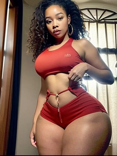 Analog image, neutral density,Highly detailed image ,thick voluptuous Dominican woman, viewed from above,with micro dreadlocks, highly detailed skin,even skin tone, skin imperfections, skin pores visible,wearing a tight dress and sports bra ,in a dim lit room , highly detailed clothing 