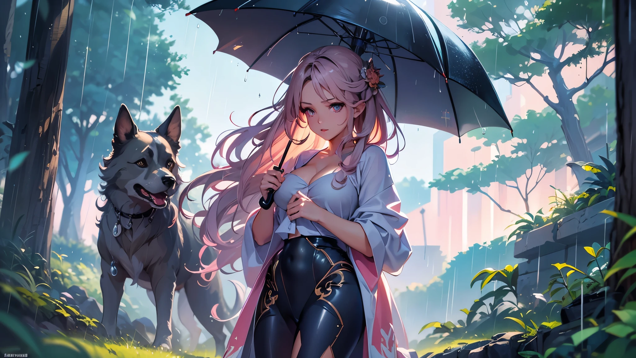 full body portrait of a photo realistic beautiful girl, 1 girl and 1 cute dog, facing forward, waifu, flowing hair, short modern rain protection clothing holding an umbrella, big beautiful flirtateous open eyes, standing straight, cinematic lighting, relaxing raining weather environment in a vibrant forest with a view of the night sky, highly detailed, digital painting, trending on artstation, pixiv, concept art, sharp focus, illustration, art by ross tran and wlop, Glowing eyes, Best quality, good lighting, large breasts with cleavage, seductive face, Masterpiece, highres,sharp focus,(ultra detailed,extremely detailed),(photorealistic artwork:1.37),(extremely detailed CG unity 8k wallpaper),(((vibrant colors,vibrant theme))),(intricate),(masterpiece),(best quality), girl is playing with a cute small dog under the umbrella