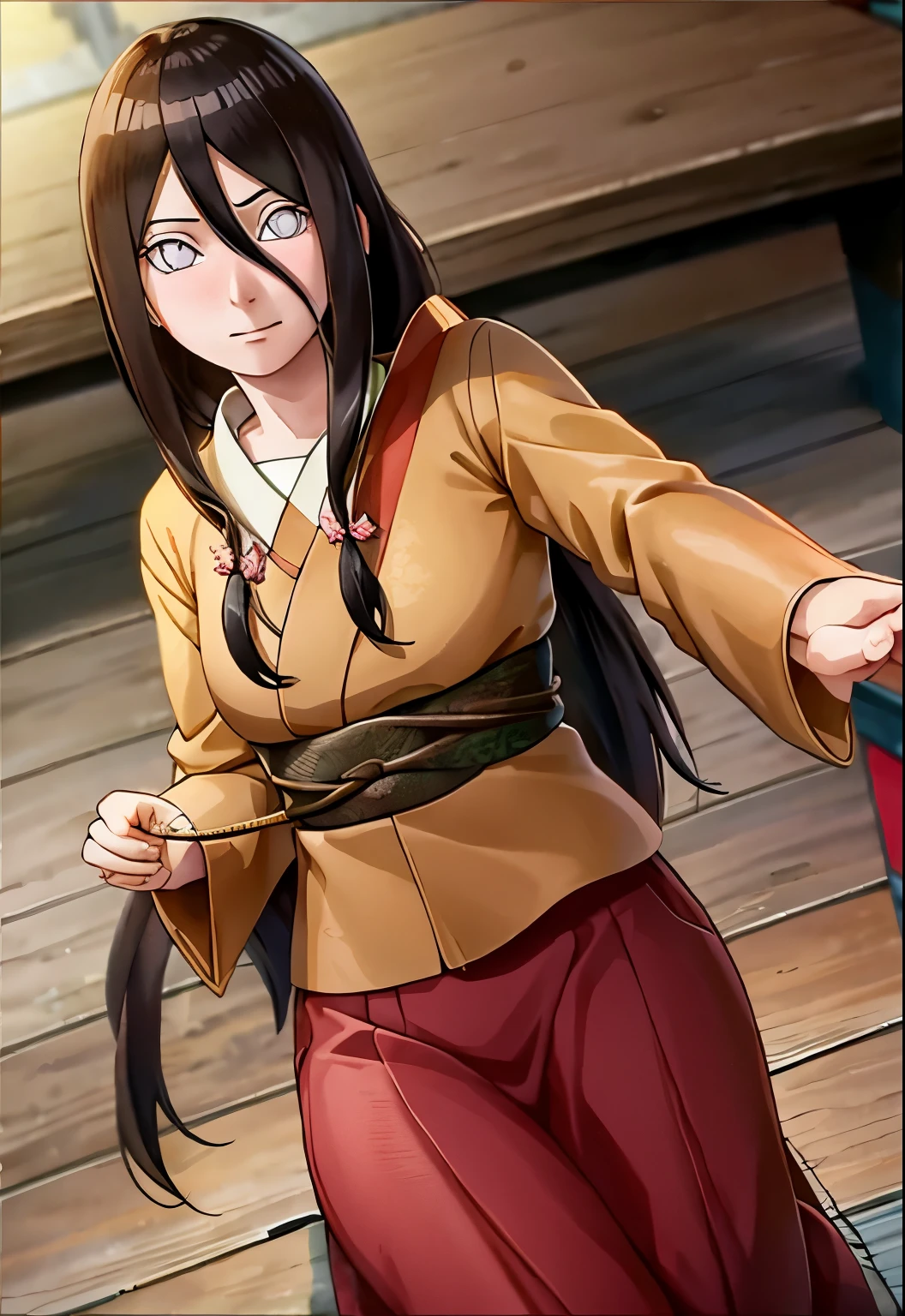 bikin， Hoang Lap ， （intricate details）， （rich and colorful），Highly detailed CG Unity 8K wallpaper ， Hinata flower ratio， 1 girl， solo， on top of the cheongsam， looking at the viewer， please shut your mouth， Wind， combat stance， long knotted low hair，in the room，blush your nose，face turns red，sat down