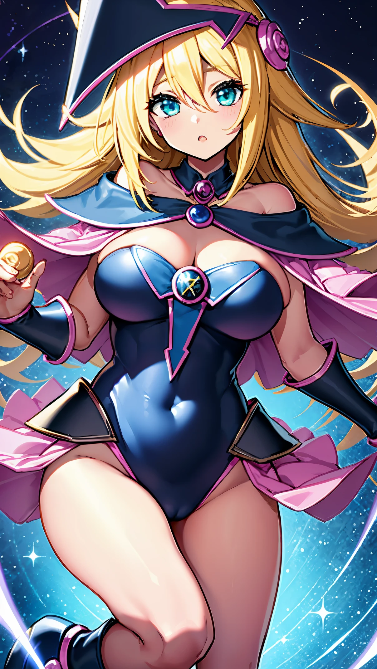 Black Magician Girl、super breasts、thick thighs、blonde hair、magic circle、magic wand、Black Magician Girlのブーツを履く、Leotards that dig into the buttocks、