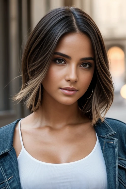 Natural photograph of a beautiful girl, usar un crop top no ajustado con escote, inclinarse sobre, cabello medio suelto, Busto grande, Lock your eyes on camera, eyes symmetrical, face symmetrical, fotorrealista, Piel fotorrealista con poros, Cinematographer, Seguimiento de rutas, specular lighting, Volumetric light for the face, Camino trazado del cabello, Sombras visibles, intrincado, elaborar