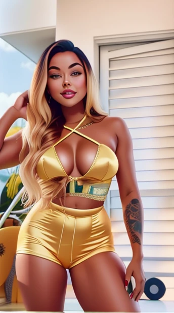 um close de uma mulher com roupa amarela posando para uma foto, looks like fabiula nascimento, very roupa sexy, roupa reveladora, ela tem uma barriga redonda e gorda, roupa sexy, grosso, in yellow bikini, her belly button is exposed, roupa apertada, in yellow bikini, in a golden swimsuit
