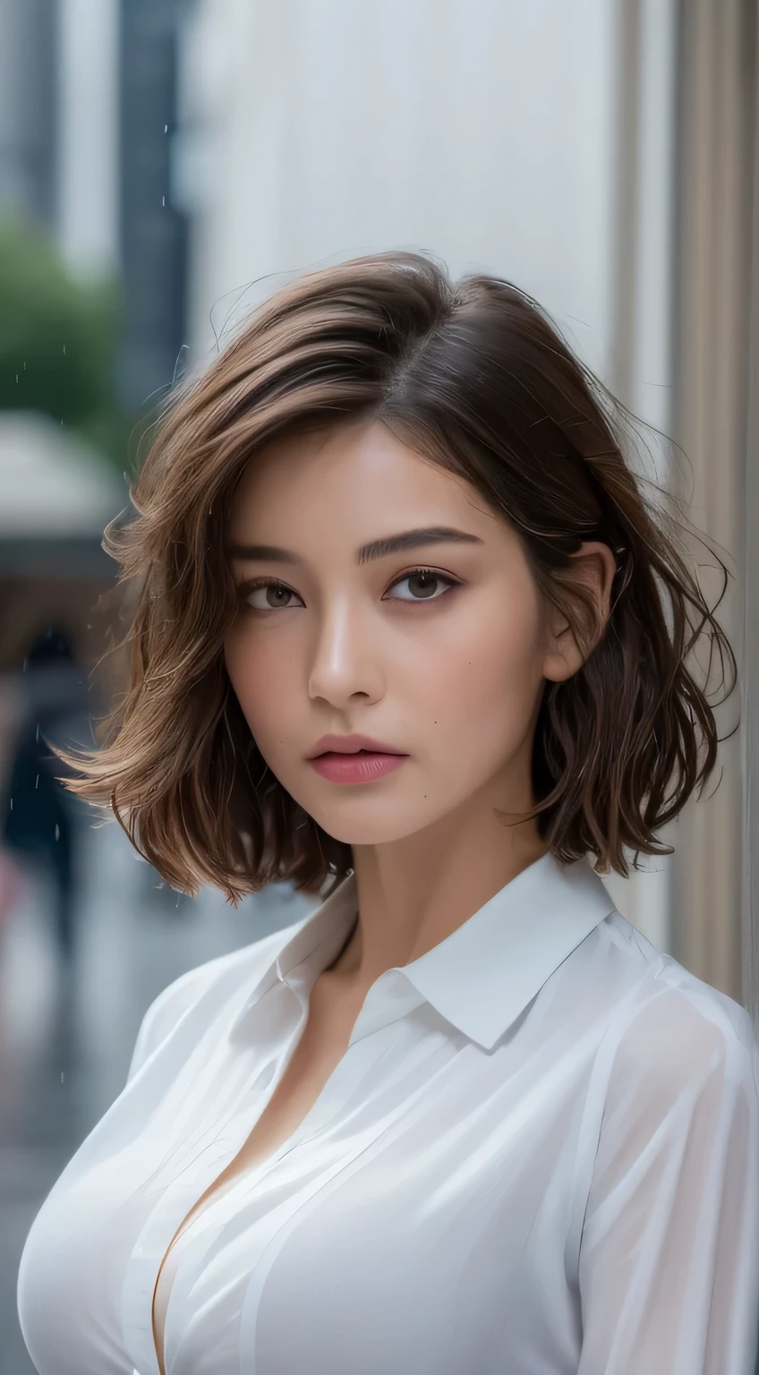 ((Best Quality, 8K, Masterpiece: 1.3)), Sharp: 1.2, Perfect Body Beauty: 1.4, Slim Abs: 1.2, ((Layered Hairstyle, Big Breasts: 1.2)), (White Button Long Shirt: 1.1), Highly detailed face and skin texture, detailed eyes, double eyelids, side face looking at the camera