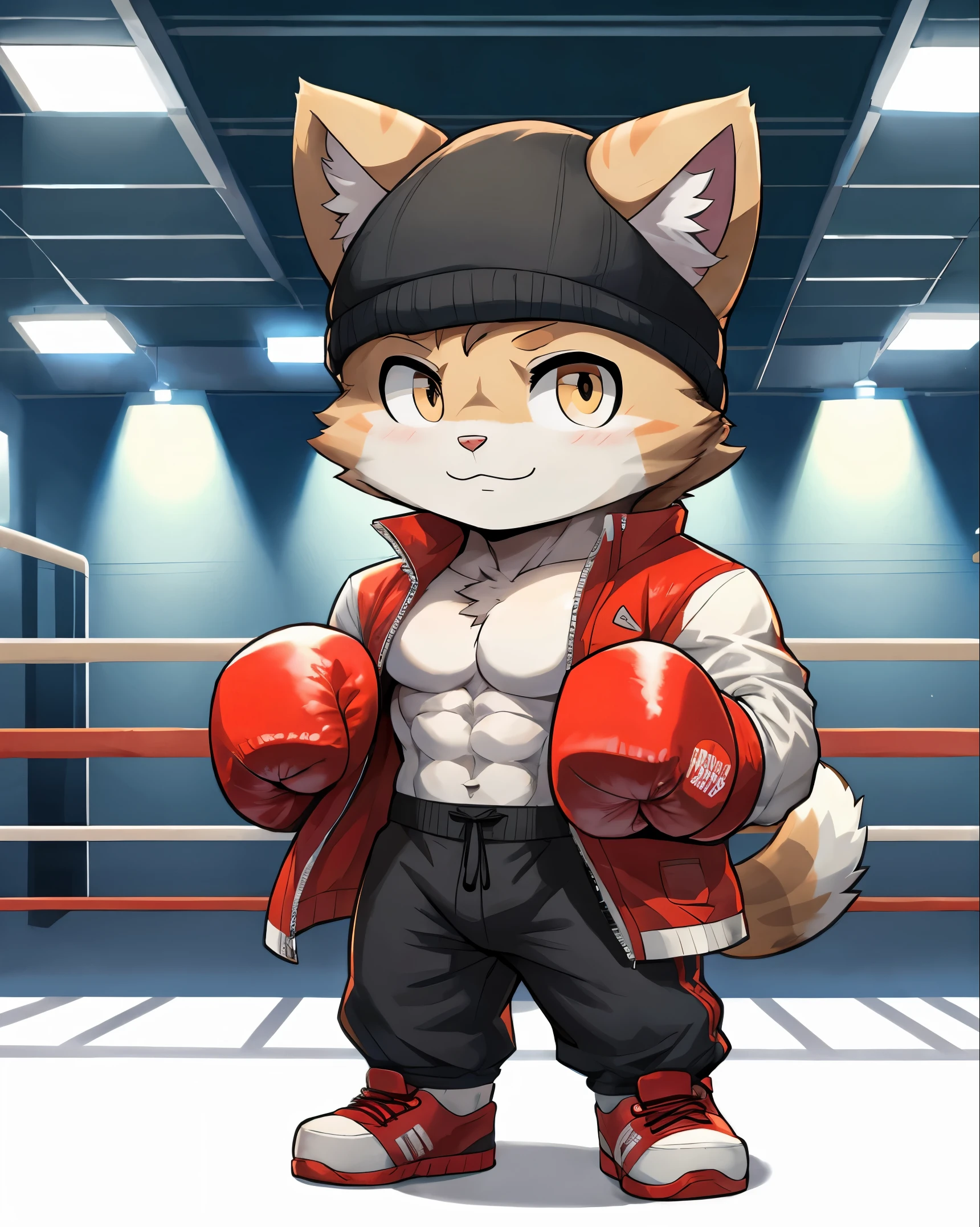 Cat dressed as Rocky Balboa, chibi, standing, background boxing gym, stunning style
