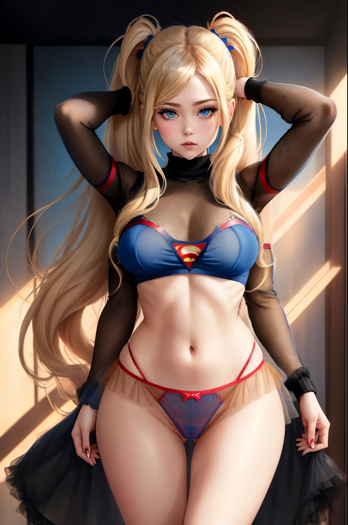twintails, Avril Lavigne as Supergirl, eyes outlined in black, full body, wide hips, (((master part, best quality, ultra detailed, high quality, best resolution, Absurd))), 1girl((supergirl), Beautiful woman, Detailed face, long blonde hair, loose hair, beautiful bright expressive blue eyes, sexy, defined body, perfect huge breasts, Perfect body, full body, red transparent tulle sweater and blue panties, camel's foot.
