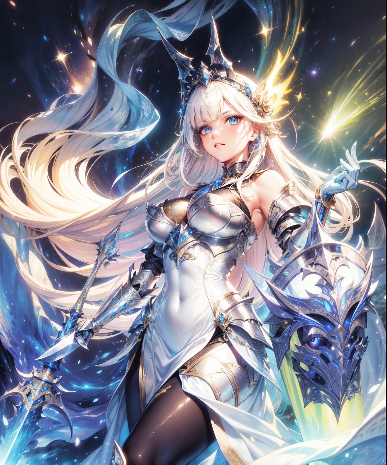 Bust ((from face to the waist)) Beauty girl in hyperrealistic detailed tight ornad elegant knight armor, detailed sharp galaxy glowing eyes, ((with glowing colorful fringe)), cinematic illumination 8k, (masterpiece), sharp focus, holding a great sword