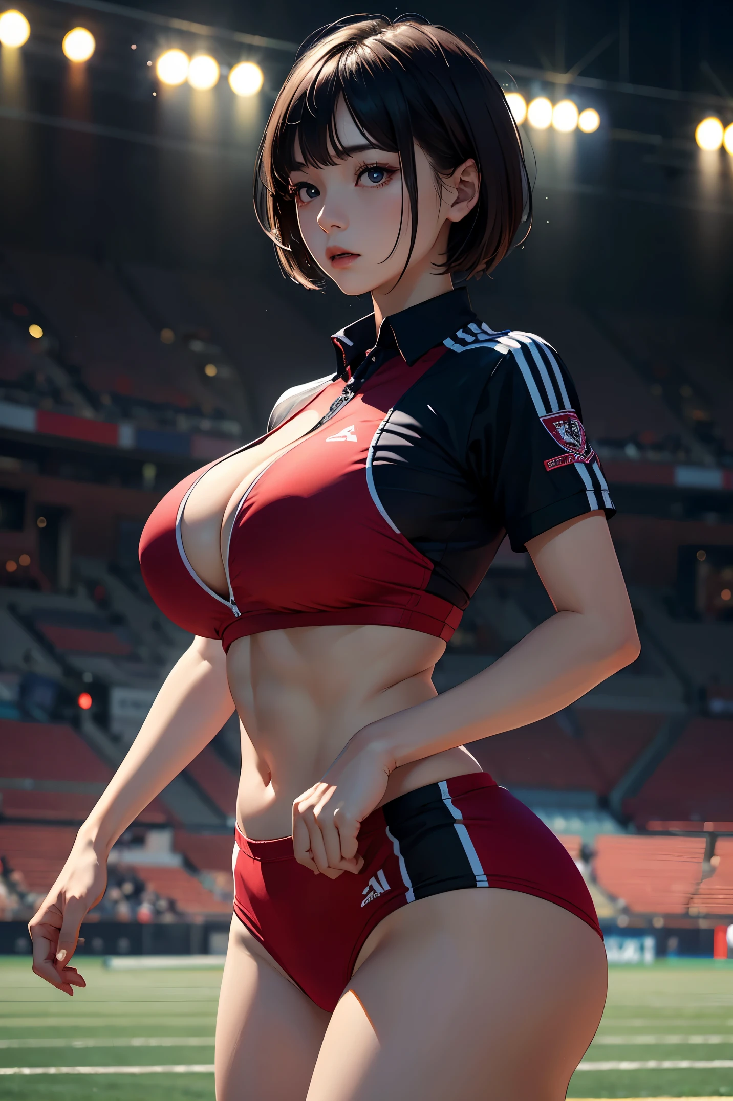 (masterpiece:1.4)、(highest quality:1.4)、ultra high resolution、beautiful features、20 year old woman、black very short hair、athletics uniforms、(huge breasts:1.2)、red face、serious expression、arena、ground、Large audience、stand、arms behind body、looking away