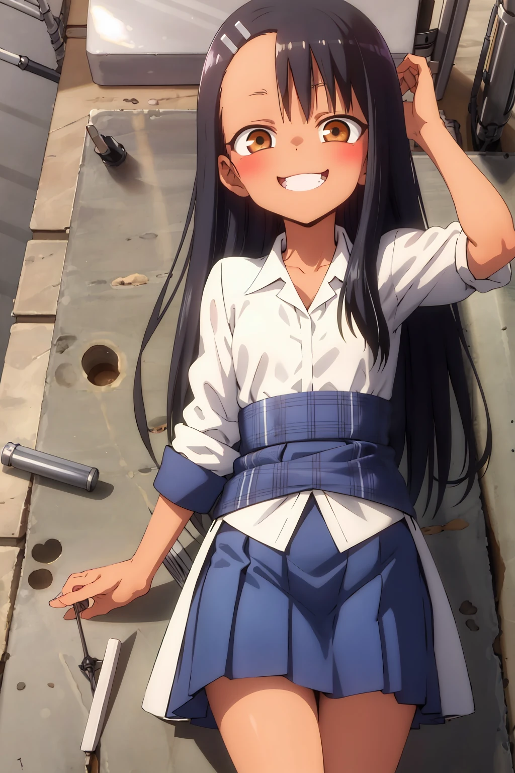 HDR, cg, sharp focus, (8K), (4K), masterpiece, highest quality, sharp focus, very detailed, Complex, very detailed, nagatoro hayase, brown eyes, black hair, bangs, long hair, black skin, hair clip, white shirt, blue skirt, no socks, uwabaki, standing, arm behind head, cowboy shot, looking at the viewer, outdoor, with an evil smile, (masterpiece, highest quality;1.3), very detailed ,Super detailed, 1 girl, alone, looking at the viewer,fine skin, 3d face, evil smile, open your mouth, whole body,Lying on the beach, Front view, from below,white bikini , small black ribbon nagatoro hayase, brown eyes, black hair, long hair, black skinと白い肌, hair clip, sleeveless,ticker, tan,